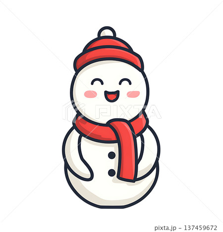 Happy snowman with red scarf and hat, cheerful winter character 137459672