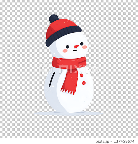 Cute snowman wearing red scarf and knit hat smiling warmly 137459674