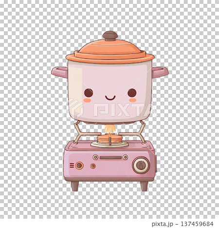 Cute pink cooking pot on stove smiling warmly Cute pink cooking pot on stove smiling warmly 137459684