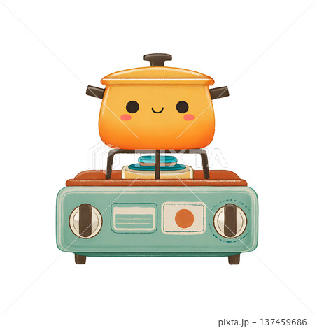 Cute orange pot on stove smiling warmly Cute orange pot on stove smiling warmly 137459686