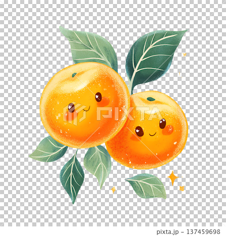 Cute smiling orange fruit with leaves, cheerful citrus 137459698