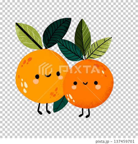 Cute smiling orange fruit couple with leaf cheer 137459701