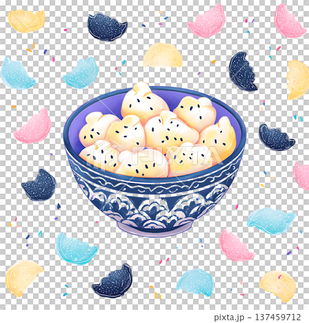 Bowl of sweet sesame buns, festive pastel sprinkling Bowl of sweet sesame buns, festive pastel sprinkling 137459712