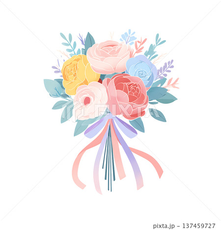 Pastel rose bouquet with ribbons, romantic mood 137459727