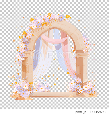 Romantic floral arch with draped fabric and daisies Romantic floral arch with draped fabric and daisies 137459740