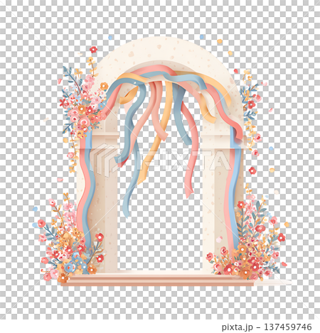 Archway decorated with pastel ribbons and floral garland, joyful 137459746