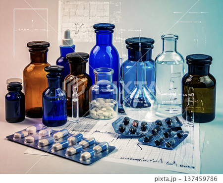 多種多様な薬瓶とカプセル剤の静物。創薬研究、臨床試験、バイオテクノロジー、医療データの背景。 137459786