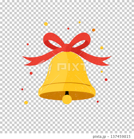 Golden bell with red ribbon and festive confetti 137459815