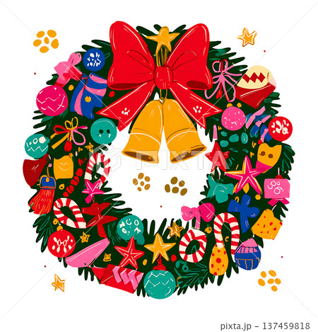 Festive wreath with bells and bow, joyful holiday decoration 137459818