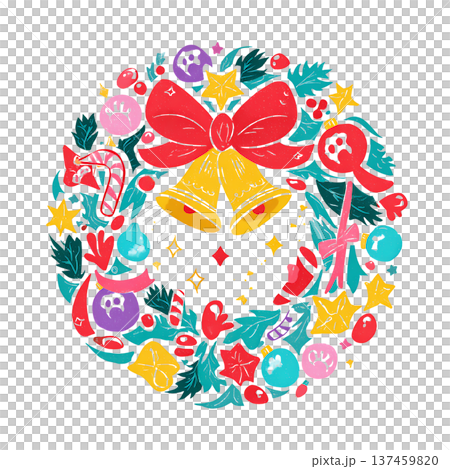 Festive wreath with bells and bow joyful Festive wreath with bells and bow joyful 137459820