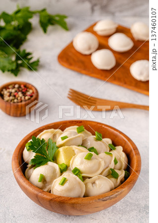 Homemade meat dumplings - russian pelmeni. Homemade meat dumplings - russian pelmeni. 137460107
