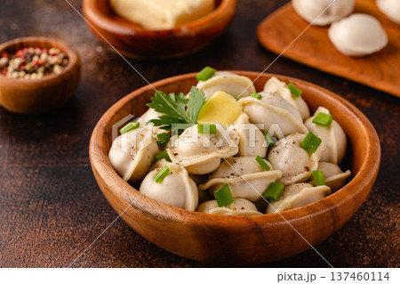 Homemade meat dumplings - russian pelmeni. 137460114