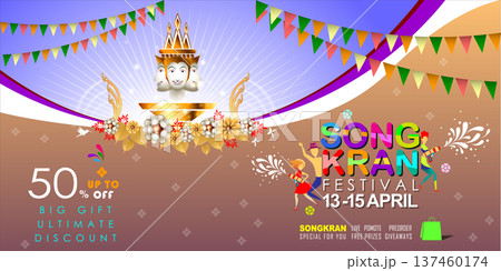Songkran sale promotion banner for Songkran Festival Abstract background. Thai New Year Holiday. The Water Splash Festival. Vector and Illustration, EPS 10. Songkran sale promotion banner for Songkran Festival Abstract background. Thai New Year Holiday. The Water Splash Festival. Vector and Illustration, EPS 10. 137460174