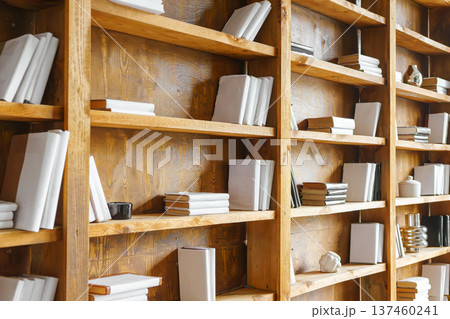 Wooden bookshelves with books and modern business decor in loft office library interior Wooden bookshelves with books and modern business decor in loft office library interior 137460241