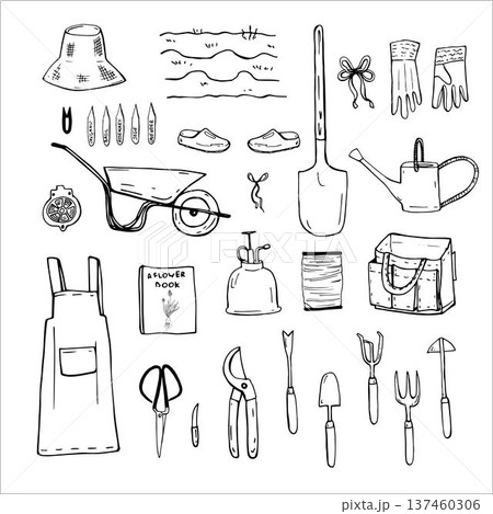 Whimsy gardening tools line art Whimsy gardening tools line art 137460306
