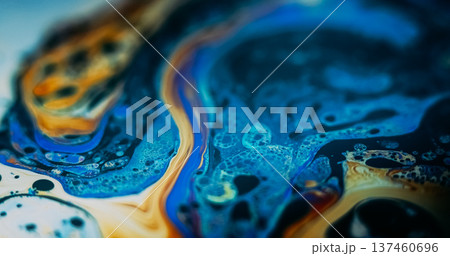 Paint water. Color fluid. Defocused orange blue purple acrylic bubbles chemical round fuel oil droplets wave on abstract art background. Paint water. Color fluid. Defocused orange blue purple acrylic bubbles chemical round fuel oil droplets wave on abstract art background. 137460696