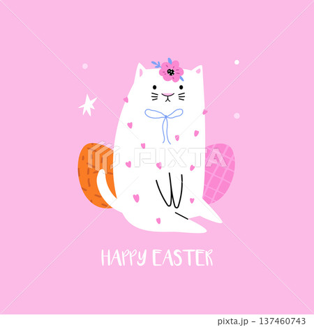 Cute Easter Cat with Decorated Eggs – Minimalist Cartoon Vector Illustration Cute Easter Cat with Decorated Eggs – Minimalist Cartoon Vector Illustration 137460743