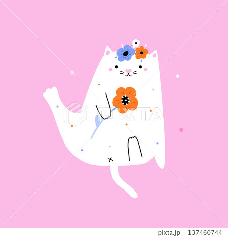 Cute white cat with flower - Mother's Day greeting card or nursery decor Cute white cat with flower - Mother's Day greeting card or nursery decor 137460744