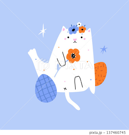 Cute Easter Cat with Decorated Eggs – Minimalist Cartoon Vector Illustration 137460745