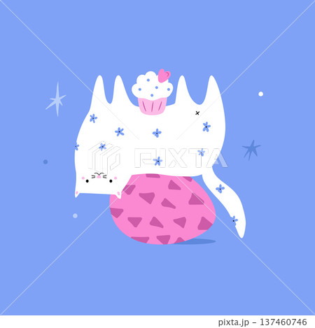 Cute Cat Lying on Easter Egg – Funny Cartoon Vector Illustration for Kids 137460746