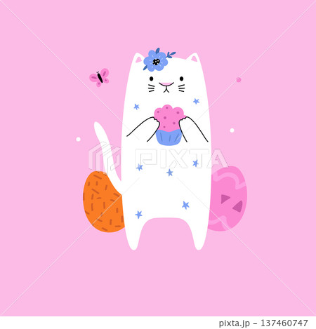 Cute Easter Cat with Decorated Eggs – Minimalist Cartoon Vector Illustration 137460747