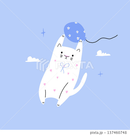 Cute Cat Flying with Balloon – Minimalist Cartoon Vector Illustration 137460748