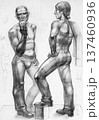 handdrawn two male models on podium on white paper 137460936