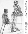 hand-drawn two sitting female models on podium 137460937