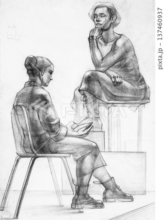 hand-drawn two sitting female models on podium 137460937