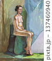 hand-painted naked female model on podium on paper 137460940