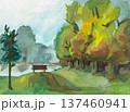 hand-painted summer landscape with bench near lake 137460941