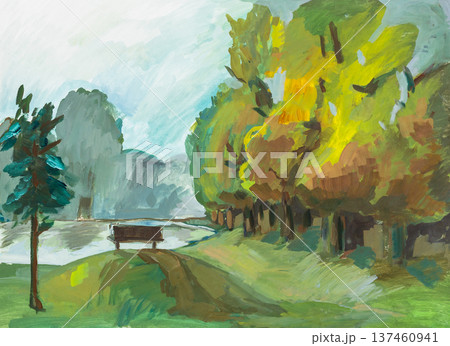 hand-painted summer landscape with bench near lake hand-painted summer landscape with bench near lake 137460941