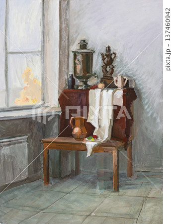 hand-painted still-life with table and window 137460942