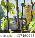 handpainted sunlit trees and roof of village house 137460943