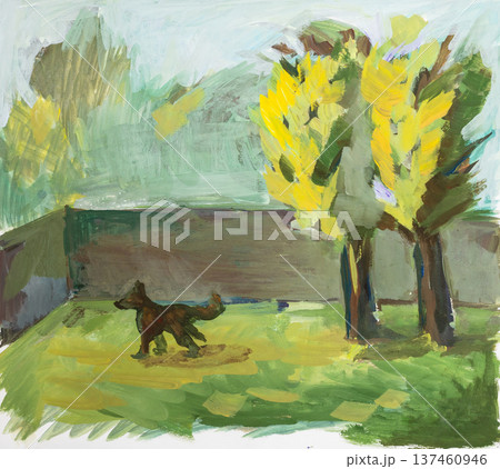hand-painted dog runs on lawn of village house hand-painted dog runs on lawn of village house 137460946