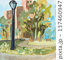 hand-painted outdoor lantern in city park on paper 137460947