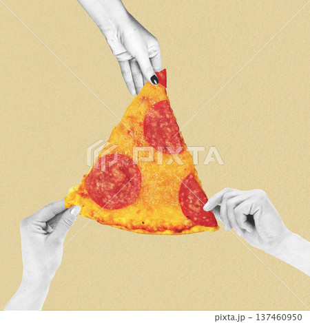 Sharing pepperoni pizza slice with friends Sharing pepperoni pizza slice with friends 137460950