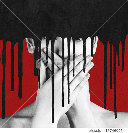 Person covering mouth with paint dripping from above 137460954