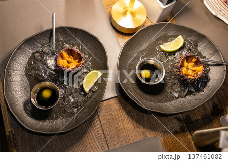 two plates with sea urchin caviar, Murmansk two plates with sea urchin caviar, Murmansk 137461082