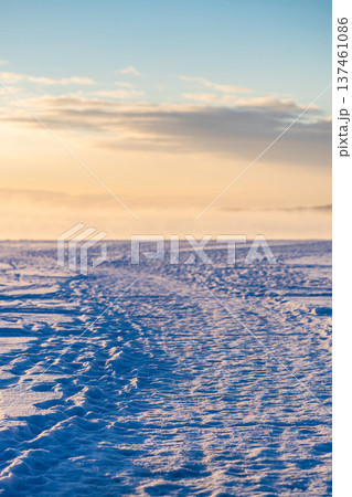 trodden path on frozen surface of Kandalaksha bay 137461086