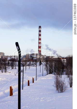 path in snow and heating pipe in Kandalaksha town 137461089