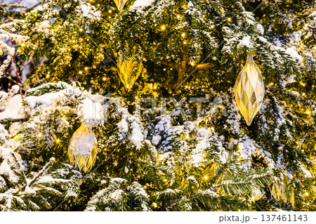 glass baubles on outdoor snow-covered xmas tree 137461143