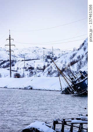 road along Barents Sea coast in Teriberka village 137461366