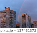 Cityscape with a rainbow between multi storey houses in the evening  137461372