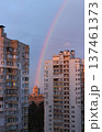 The rainbow seems to come from a residential building between two high-rise buildings 137461373
