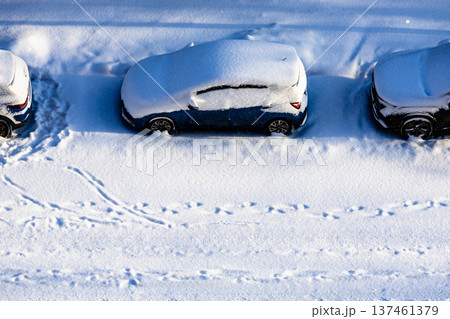 snow-covered parked cars on street after snowfall snow-covered parked cars on street after snowfall 137461379