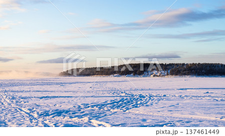 panoramic view of snowy surface of Kandalaksha bay 137461449