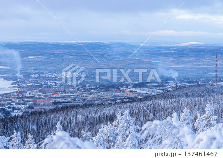 aerial view of Kandalaksha town in winter evening aerial view of Kandalaksha town in winter evening 137461467