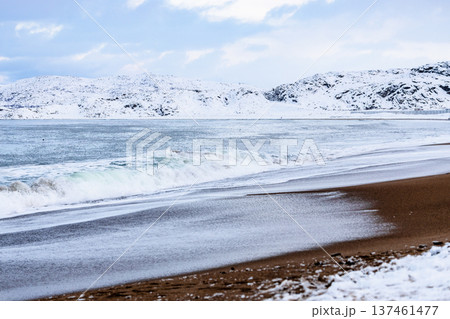 water surf on sand beach of Barents Sea, Teriberka 137461477