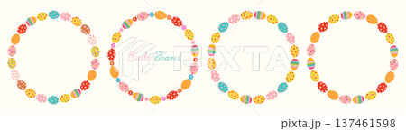 Colorful Easter eggs and flowers vector frames, cute round wreaths, spring borders for greeting cards and invitations 137461598